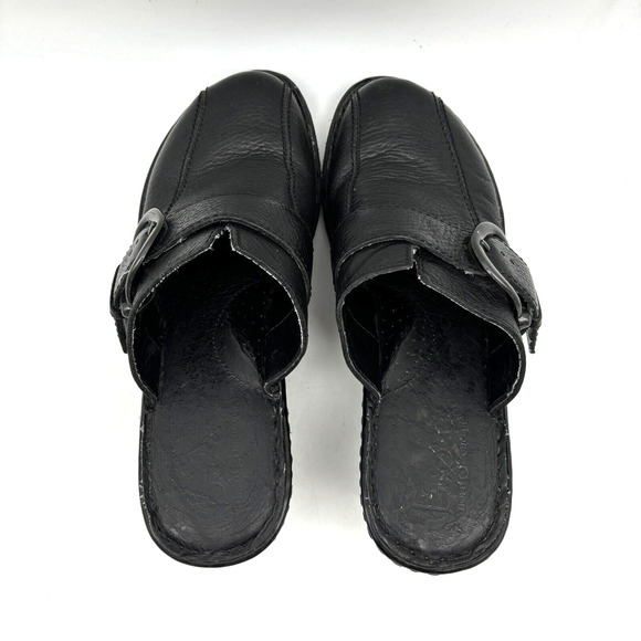 BOC Born On Concept Black Leather Gunmetal Buckle Block Heel Platform Clogs 7 - Picture 9 of 16